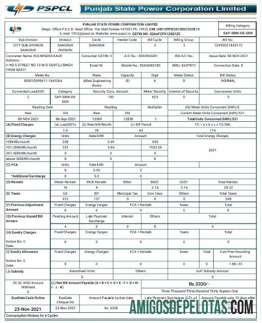 imprimível Modelo Word e PDF de conta de serviços públicos da ÍNDIA PSPCL